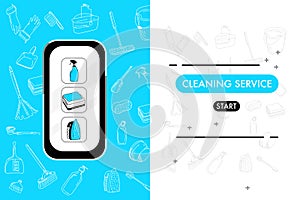 Smartphone with cleaning service website.Catalog of washing tools for floor,windows and dust removing.