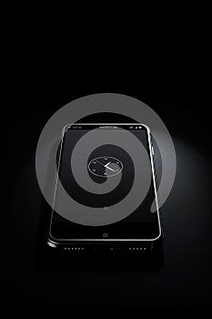 Smartphone with clock face screen, sleek design, on black.