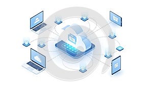 A smartphone with a cloud computing concept connected to multiple devices