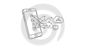 A smartphone with a cloud computing concept and data transfer illustration