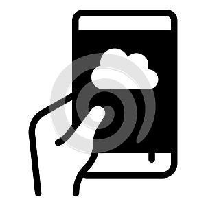 Smartphone with cloud storage app solid icon, using gadget application concept, touchscreen phone sign on white