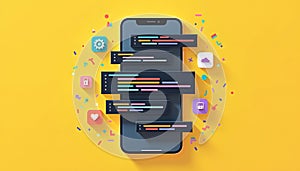 Smartphone with coding snippets and app icons, a concept for software development