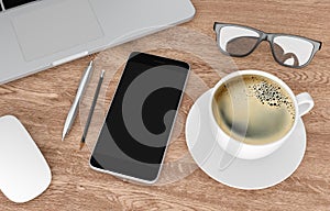 Smartphone, coffee cup and other devices on wood office desk, 3d rendering