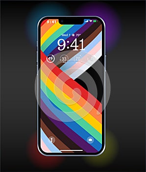 Smartphone  with coloured screen savers isolated black background. Mockup of realistic and detailed dev