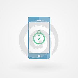 Smartphone and compass. Concept of adventure, orientation. Vector illustration, flat design photo