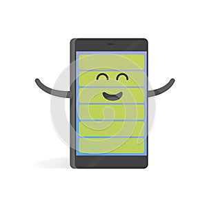 Smartphone concept happy full charge battery. Cute cartoon character phone with hands, eyes and smile