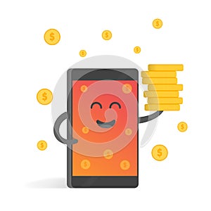 Smartphone concept of money earnings, a lot of coins. Background of the money falls. Cute cartoon character phone with hands, eyes