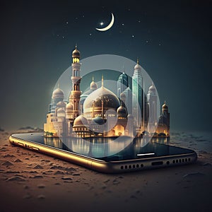 Smartphone concept over it 3d Mosque. Mosque as a place of prayer for Muslims