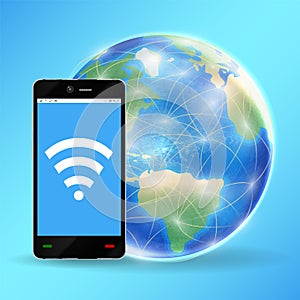 Smartphone connect wifi with planet earth globe