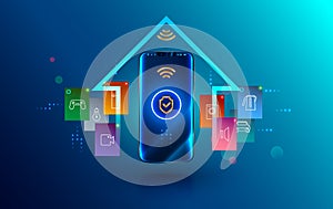 Smartphone connected with smart home via protected wireless connection. Shield symbol security of iot or internet of things on