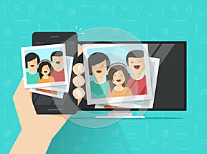 Smartphone connected to tv showing photos vector illustration, flat cartoon mobile phone wirelessly connection to led