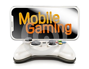 Smartphone, controller and mobile gaming text isolated on white background. 3D illustration