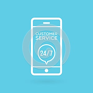 Smartphone customer service 24/7 illustration. Concept of 24/7, open 24 hours, support, assistance, contact, customer service.