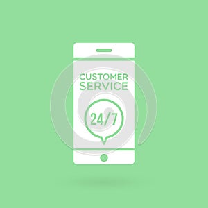 Smartphone customer service 24/7 illustration. Concept of 24/7, open 24 hours, support, assistance, contact, customer service.