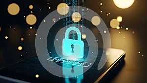 Smartphone Cyber Security Padlock Concept. Digital Data Protection, Mobile Phone Privacy, Binary Code Background.