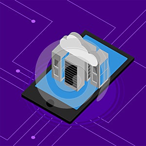 Smartphone with 3d cloud computing server icons