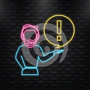 Smartphone with danger sign with man on screen on red background. Neon icon. Vector illustration