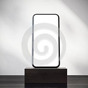 Smartphone on a dark wooden pedestal