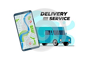 Smartphone with delivery truck transfer route and geotag gps location pin on city map. Online logistic order service