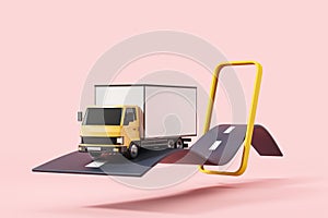 Smartphone and delivery van on road, pink background. Mockup