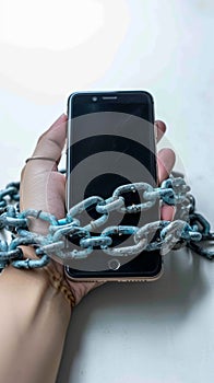 Smartphone dependency Chained mobile phone illustrates social media concept