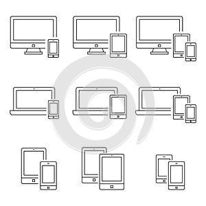 Smartphone,desktop computer,laptop and tablet PC in thin line style photo