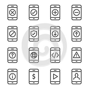 Smartphone Device Icon Set. Contains such Icons as Upload, Download, Warning, Develop, Mobile Web, Status and more. Expanded Strok