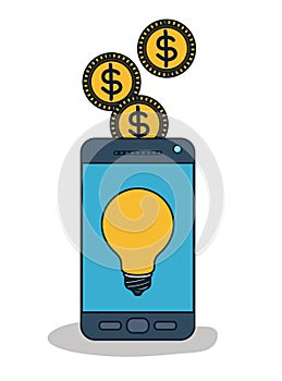 Smartphone device with light bulb in screen and coins on top in white background