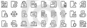 Mobile apps line icons. Smartphone device, phone report and download app set. Vector