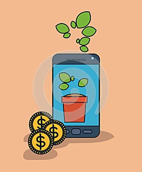 Smartphone device with plant pot in screen and coins in salmon color background