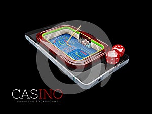 Smartphone with dices. Online casino concept. Isolated black background. 3d Illustration
