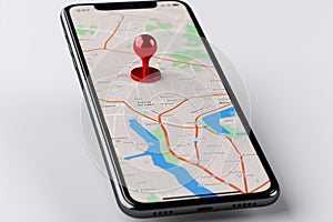 Smartphone display. 3D render with red map pointer icon