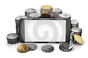 Smartphone display with space for random design surrounded by different cryptocurrencies piles. Isolated on white