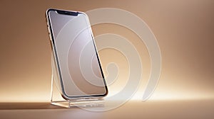 A smartphone on a display stand with an empty screen and reflective surface
