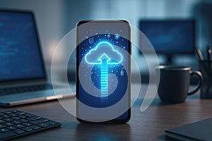 Smartphone displaying cloud upload icon with progress bar on a desk with laptop mobile phone cloud computing