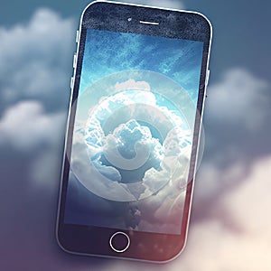 Smartphone Displaying Cloudscape on a Sunny Day