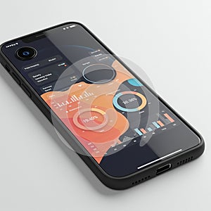 Smartphone displaying a colorful data dashboard interface. The screen features