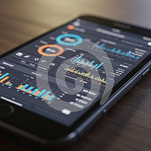 Smartphone displaying a data analysis dashboard. The screen features various