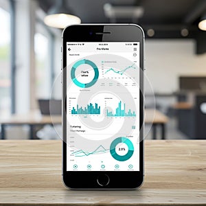 A smartphone displaying a data analytics app with circular graphs, line graphs, and