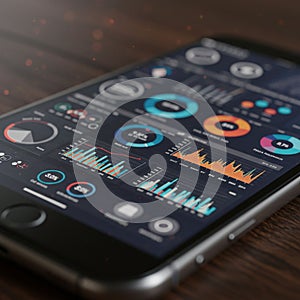 Smartphone displaying a data analytics dashboard with various colorful charts and