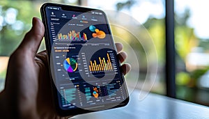 Smartphone displaying financial analytics and data charts