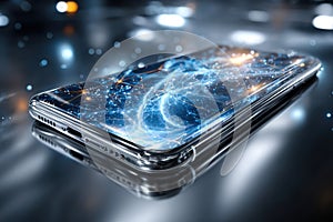 Smartphone Displaying Futuristic Blue Network Visualization