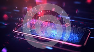 Smartphone displaying glowing binary code and security icons in futuristic cyber security visualization