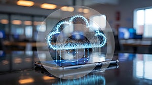 Smartphone displaying a glowing 3D cloud data icon in an office setting mobile computing