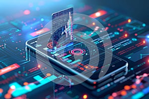 Smartphone displaying holographic data visualizations, highlighting advanced mobile technology and data analytics