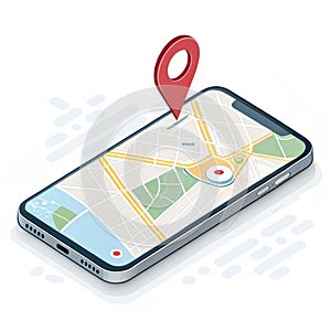 Smartphone with location pin isolated on white background photo