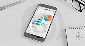 Smartphone displaying marketing data, including a