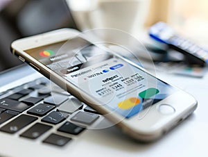 Smartphone displaying mobile wallet and credit card on laptop photo