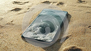 Smartphone Displaying Ocean Waves on Beach Sand