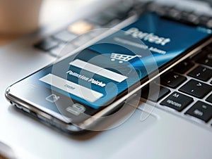Smartphone displaying online store login page on laptop keyboard photo
